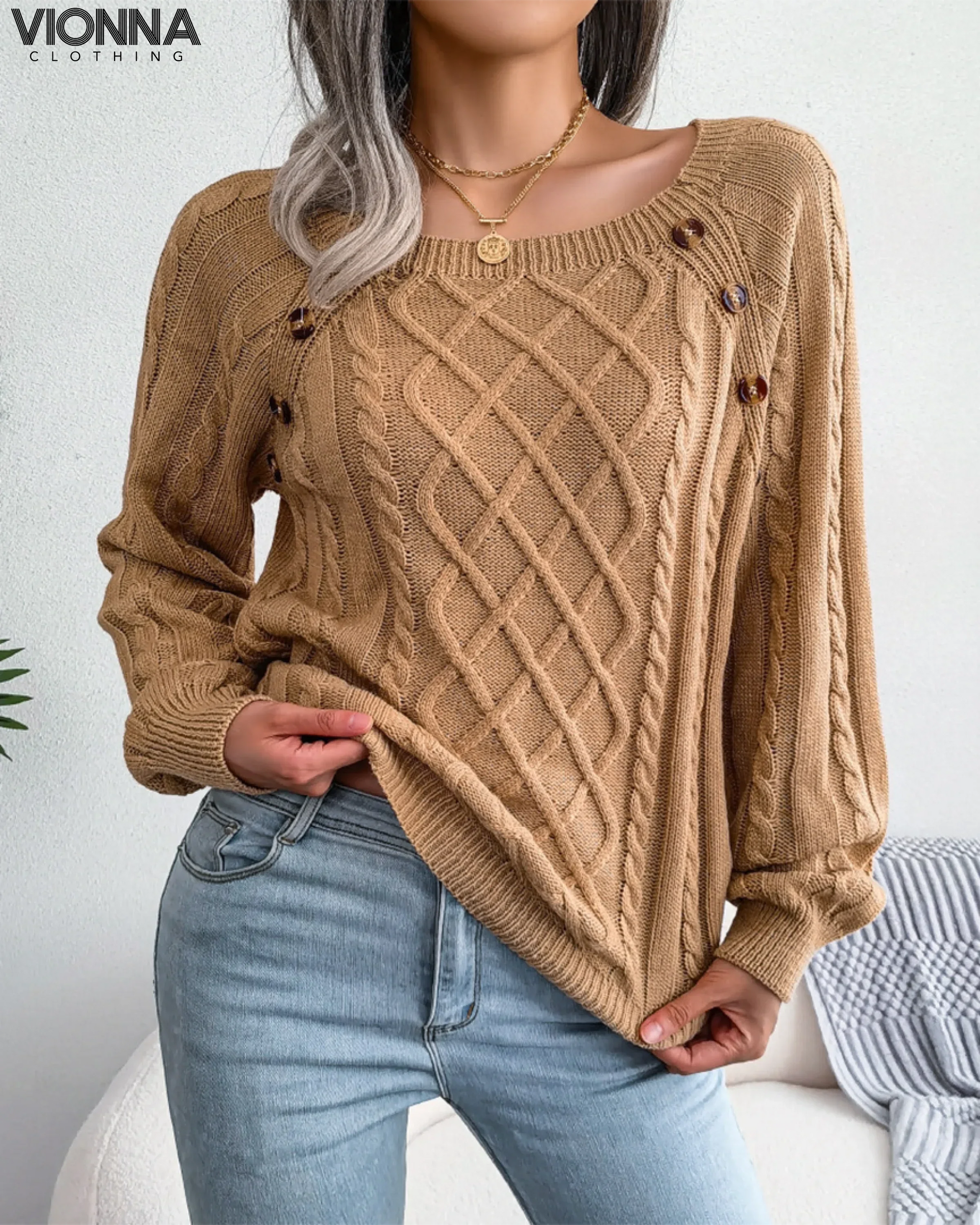 Pull en maille avec boutons | Acrylique/Coton Comfort & Style Khaki / S Vêtements Accessoires >