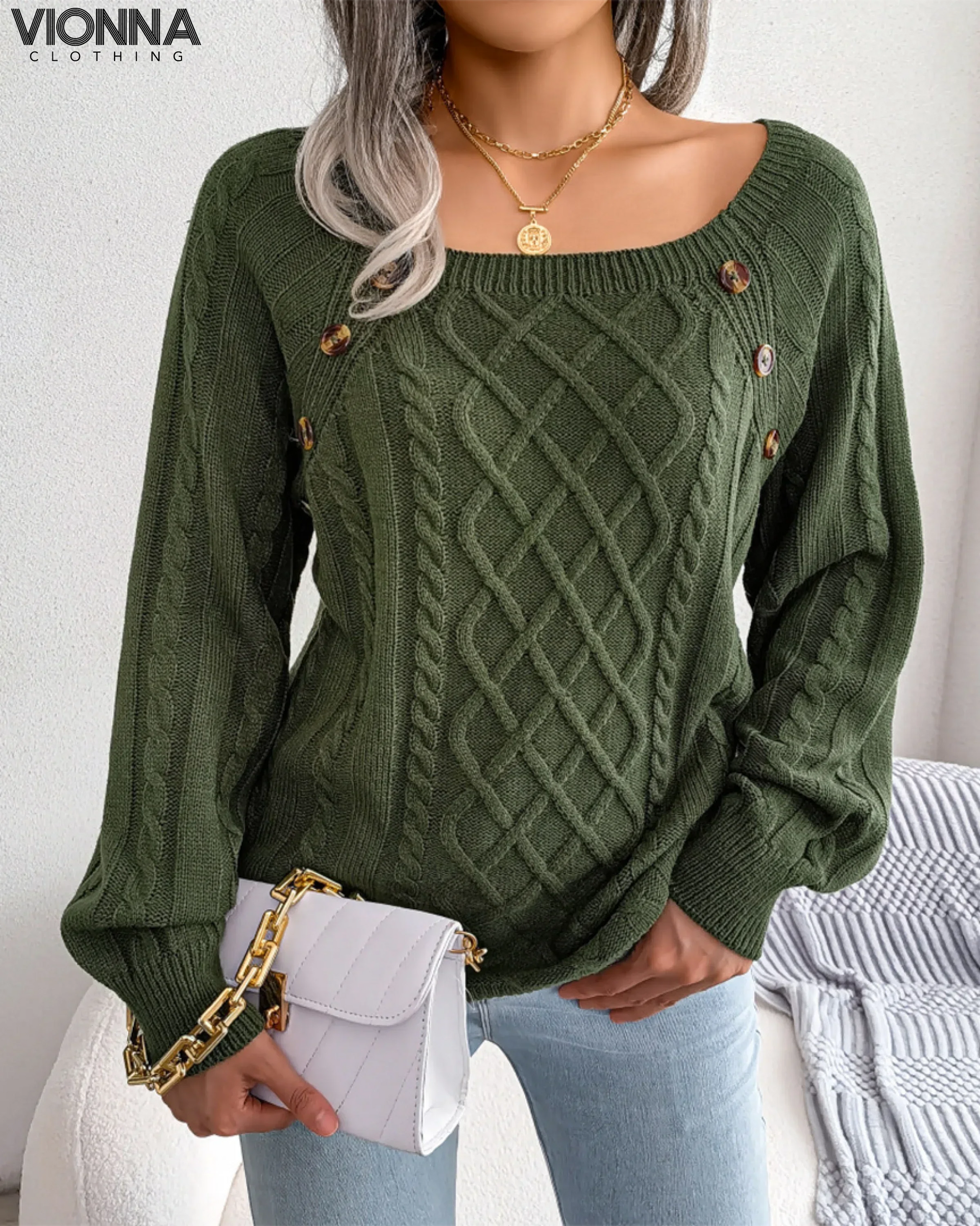 Pull tricoté avec boutons | Acrylique/Coton Confort et style Vert / S Vêtements Accessoires >