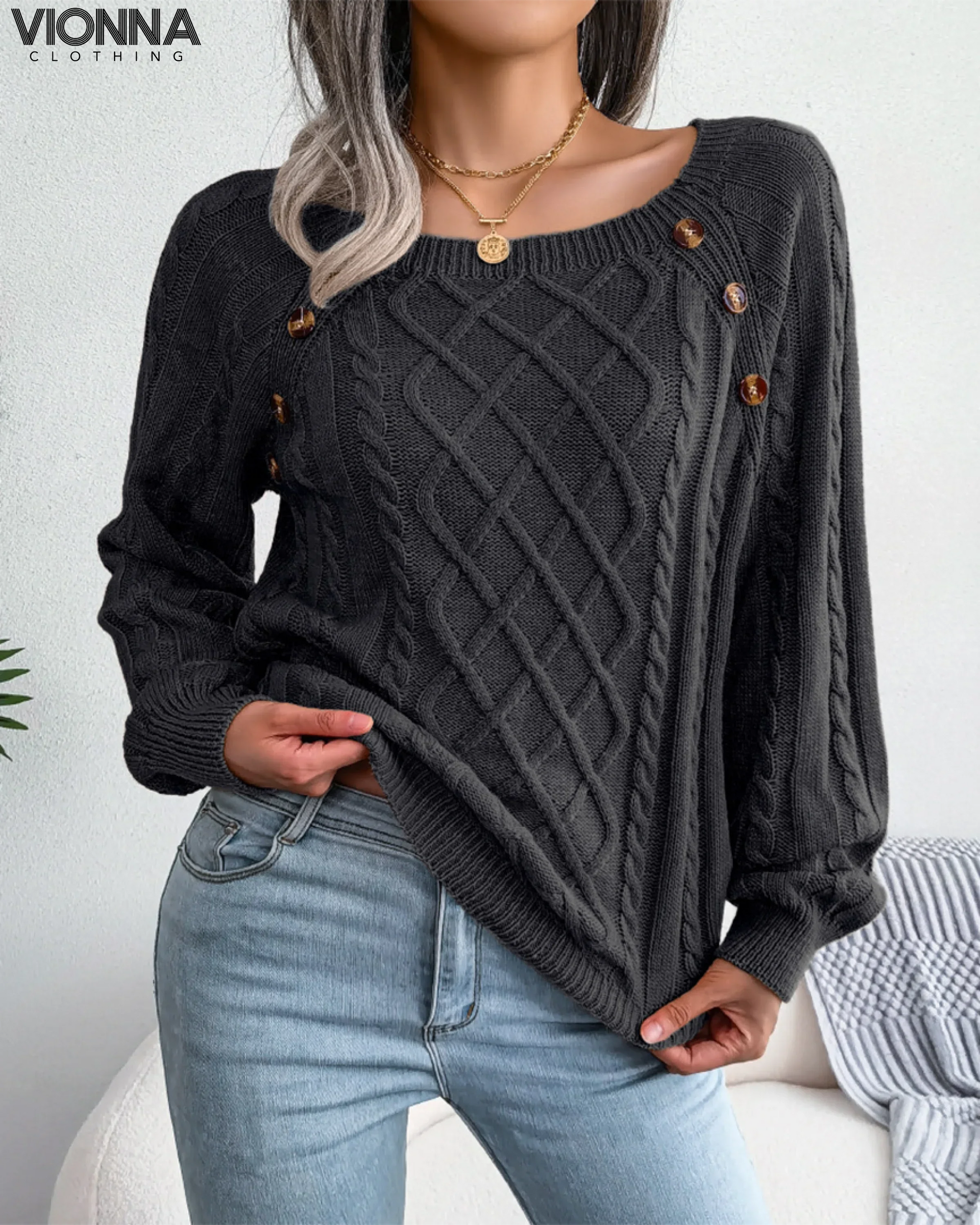 Pull tricoté avec boutons | Acrylique/Coton Comfort & Style Noir / S Vêtements Accessoires >