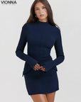 Robe élégante à manches longues en polyester, élégante et moderne, bleu foncé / S Vêtements et accessoires >
