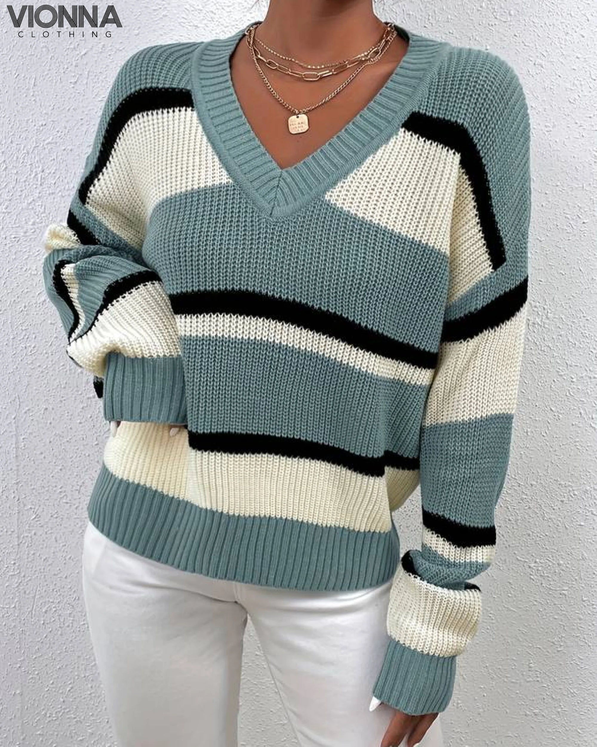 Carrie - Pull tricoté à col en V Bleu / S Pull