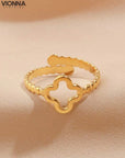 1Bague ouverte en acier inoxydable, simple et créative, en forme de fleur dorée et de trèfle, pour femmes