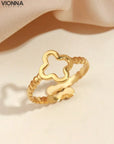 1Bague ouverte en acier inoxydable, simple et créative, en forme de fleur dorée et de trèfle, pour femmes