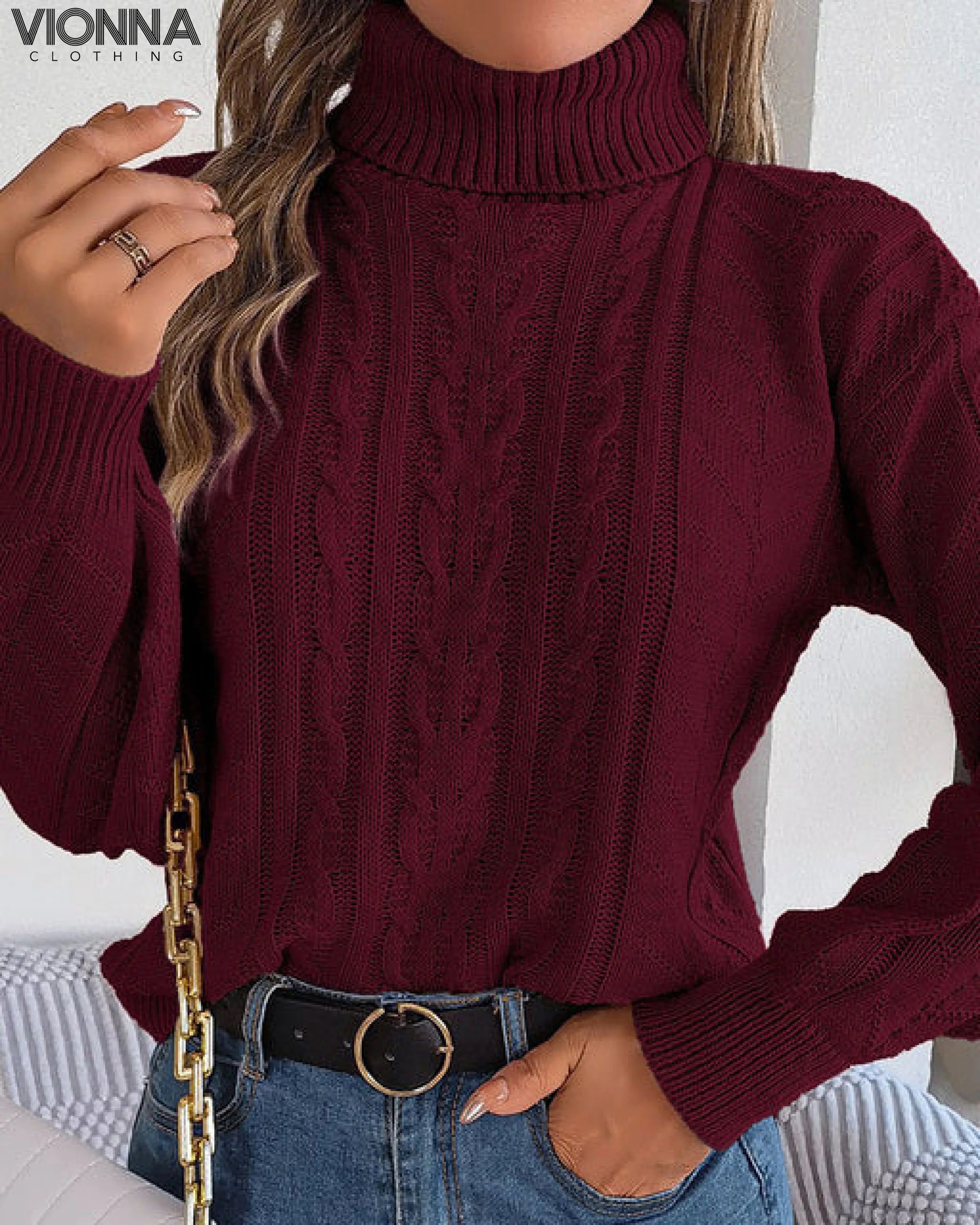 Elvie - Pull tricoté à col roulé chaud Bourgogne Rouge / Xs