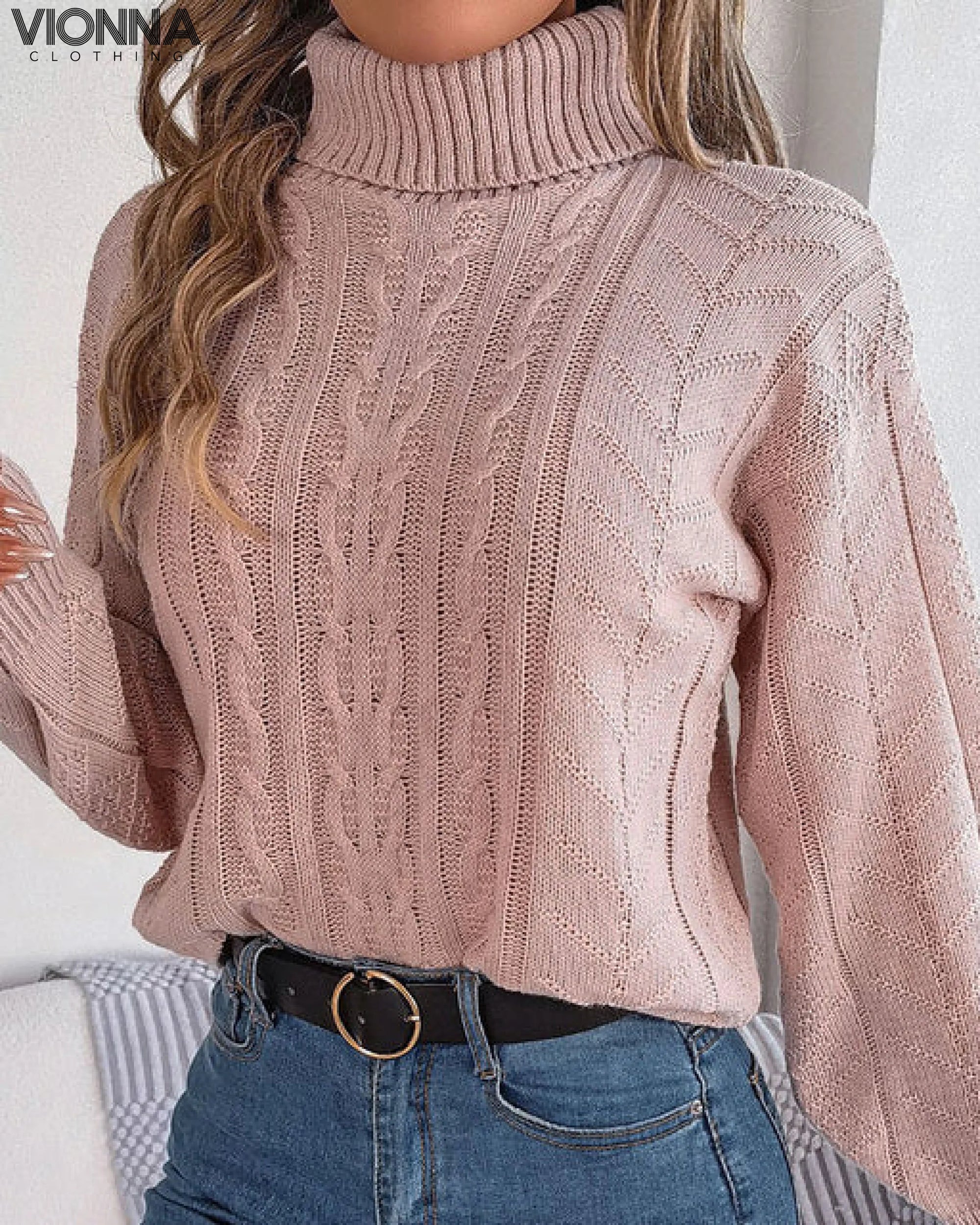 Elvie - Pull tricoté à col roulé chaud rose / Xs