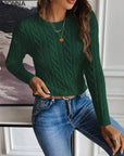 Fabienne- Pull décontracté en tricot pour femmes avec motif tressé Vert foncé / S