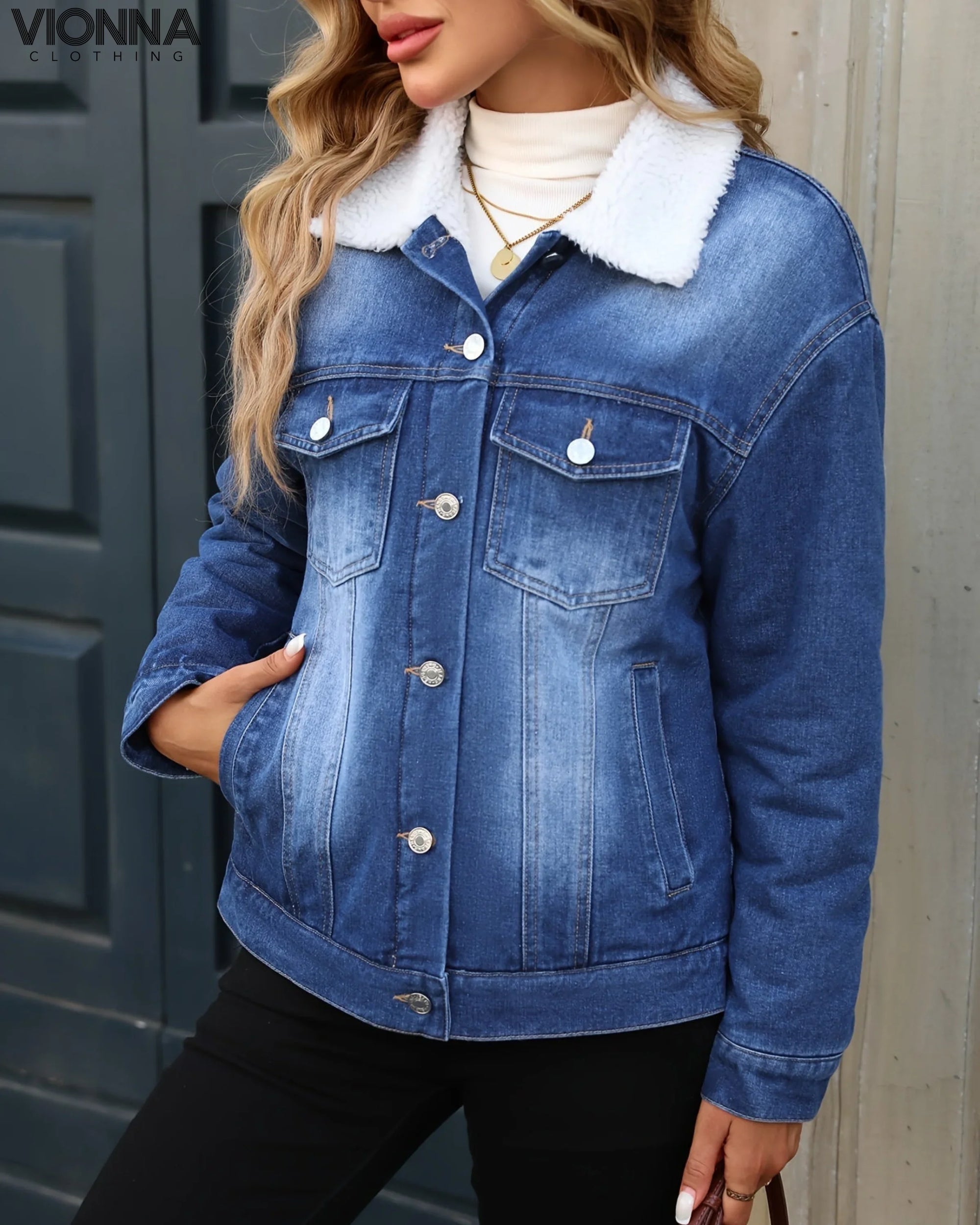 Veste en denim avec col polaire en coton Chaude et élégante Vêtements et accessoires > Vêtements Vestes d'extérieur