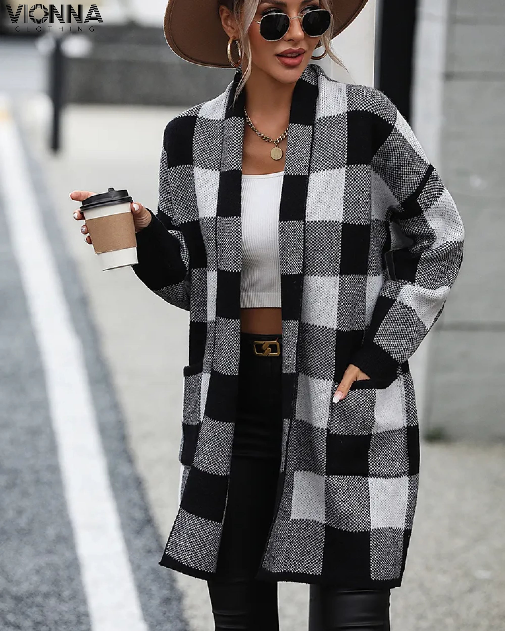Jamila - Cardigan midi à carreaux noir / S Cardigan