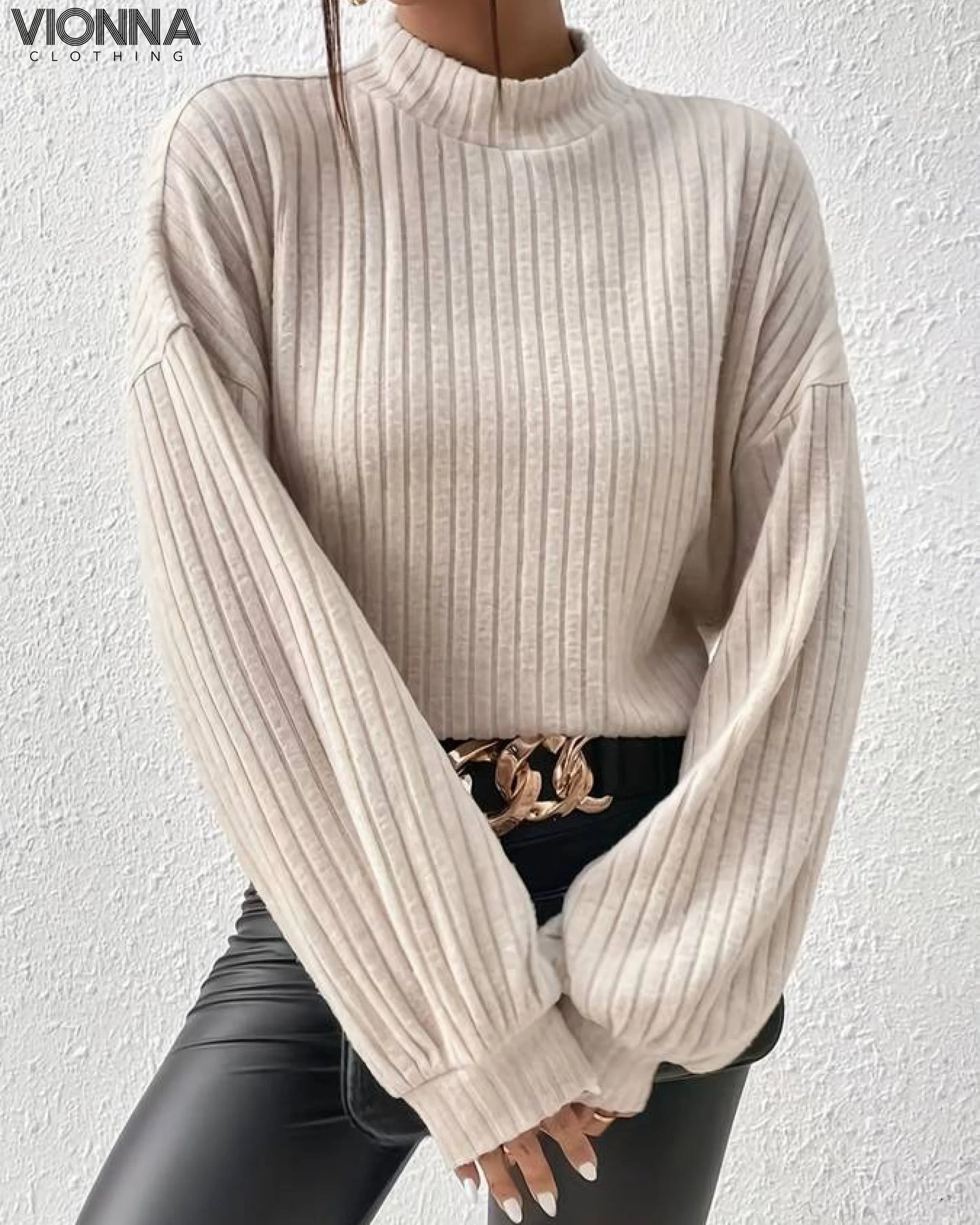 Jhanine - Pull col roulé en maille côtelée Beige / S