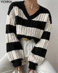 Lian - Pull rayé à col en V blanc/noir / S Pull