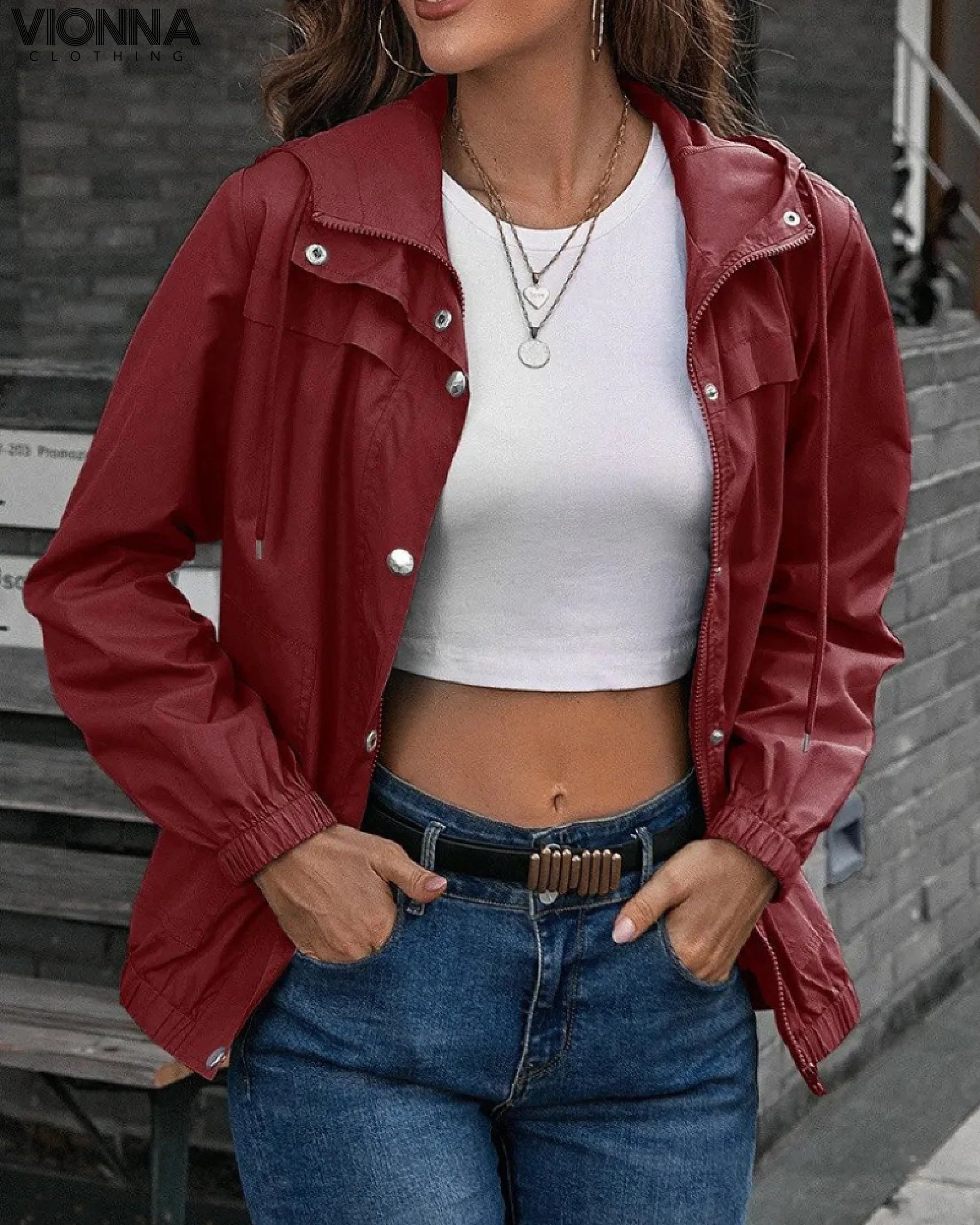 Macia - Windbreaker Jacket With Hood Wine Red / Xs Windbreaker Jacket