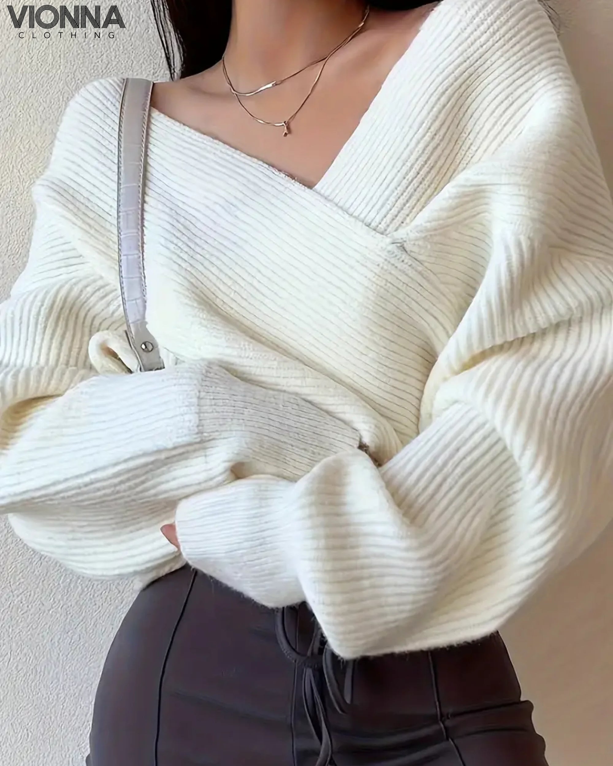 Neneth - Trendy Knitted Sweater White / Xs sweater