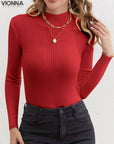 Ronavie - Pull décontracté à col roulé côtelé Rouge / S