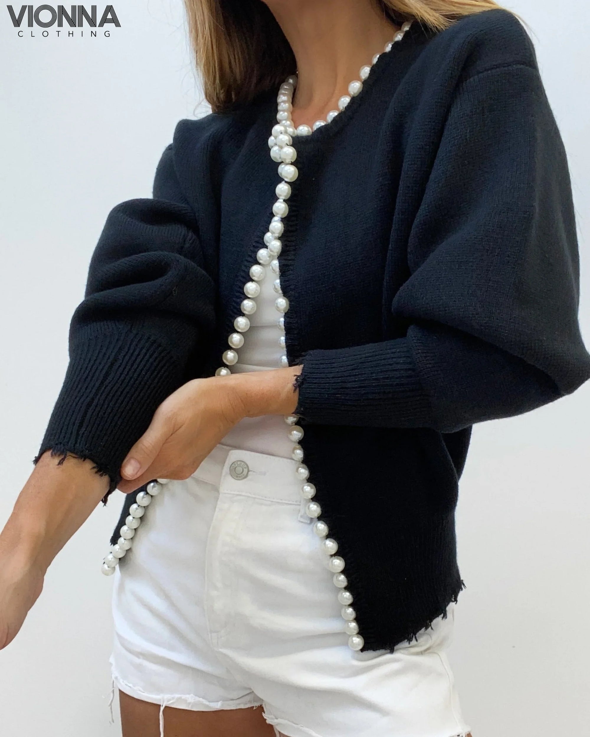 Cardigan avec détails en perles | Mélange de coton Elégant et féminin Noir / Xs Vêtements et accessoires >