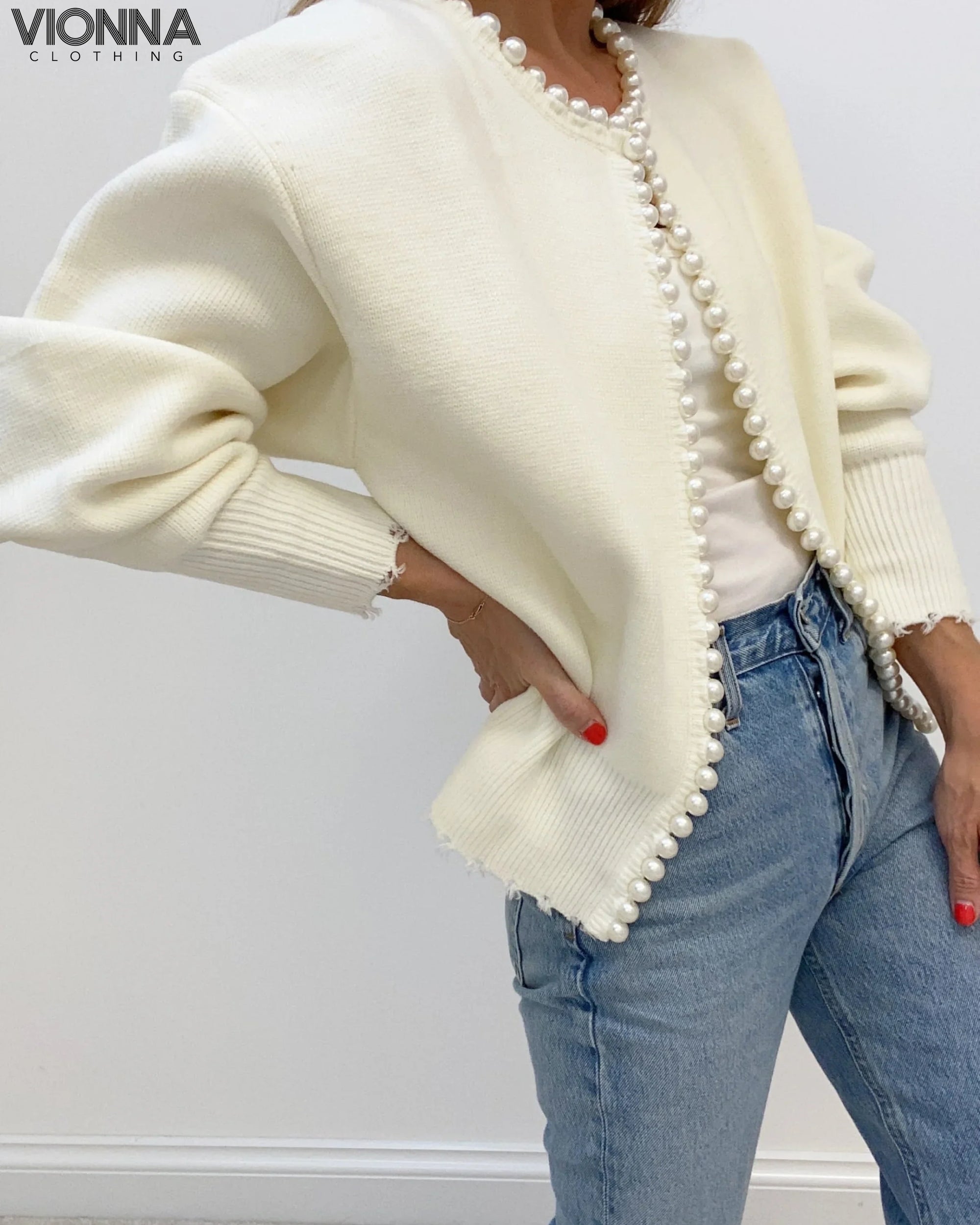 Cardigan perlé en coton mélangé Elégant et féminin Vêtements et accessoires > Vêtements