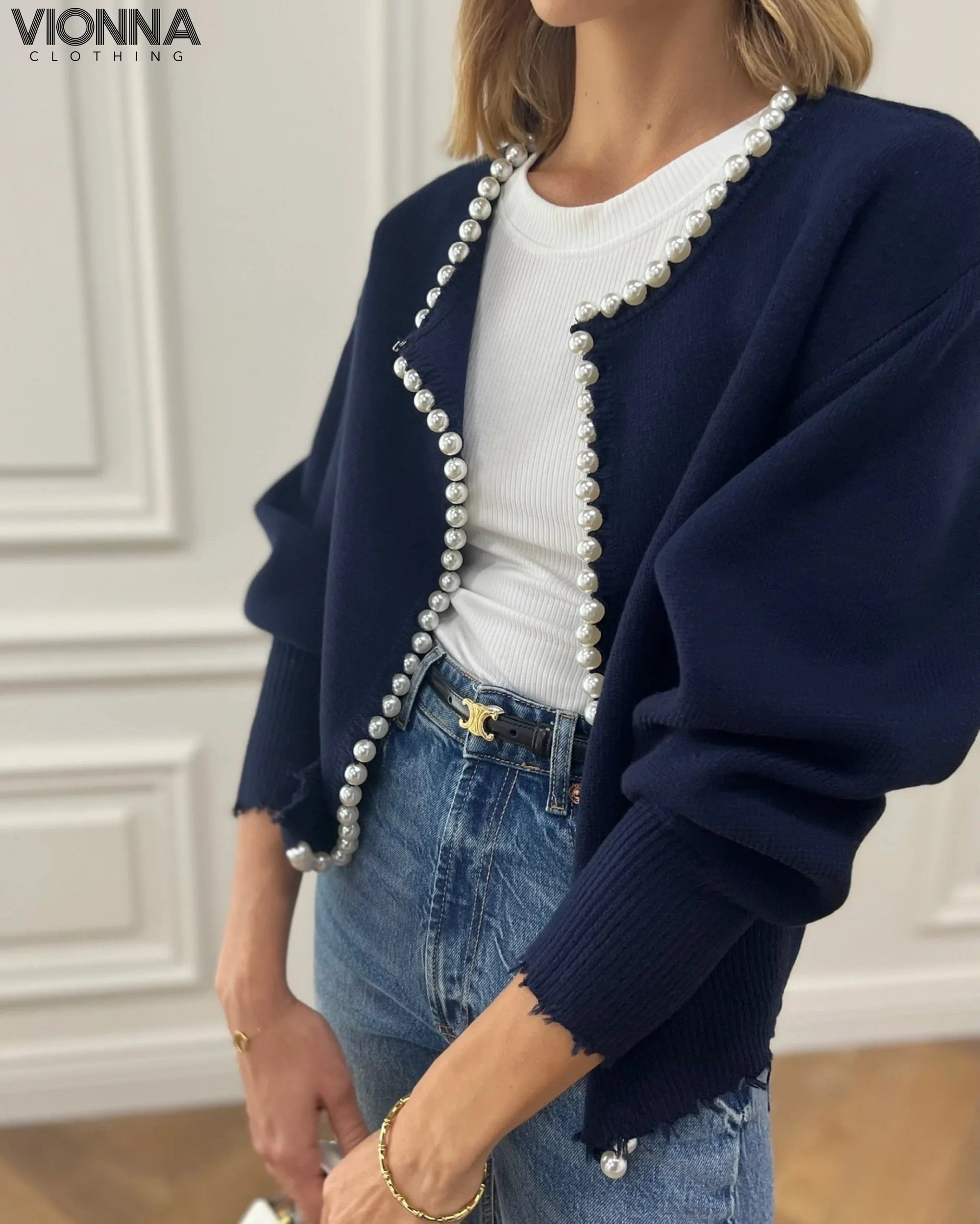 Cardigan perlé en coton mélangé Elégant et féminin Marine / Xs Vêtements et accessoires >