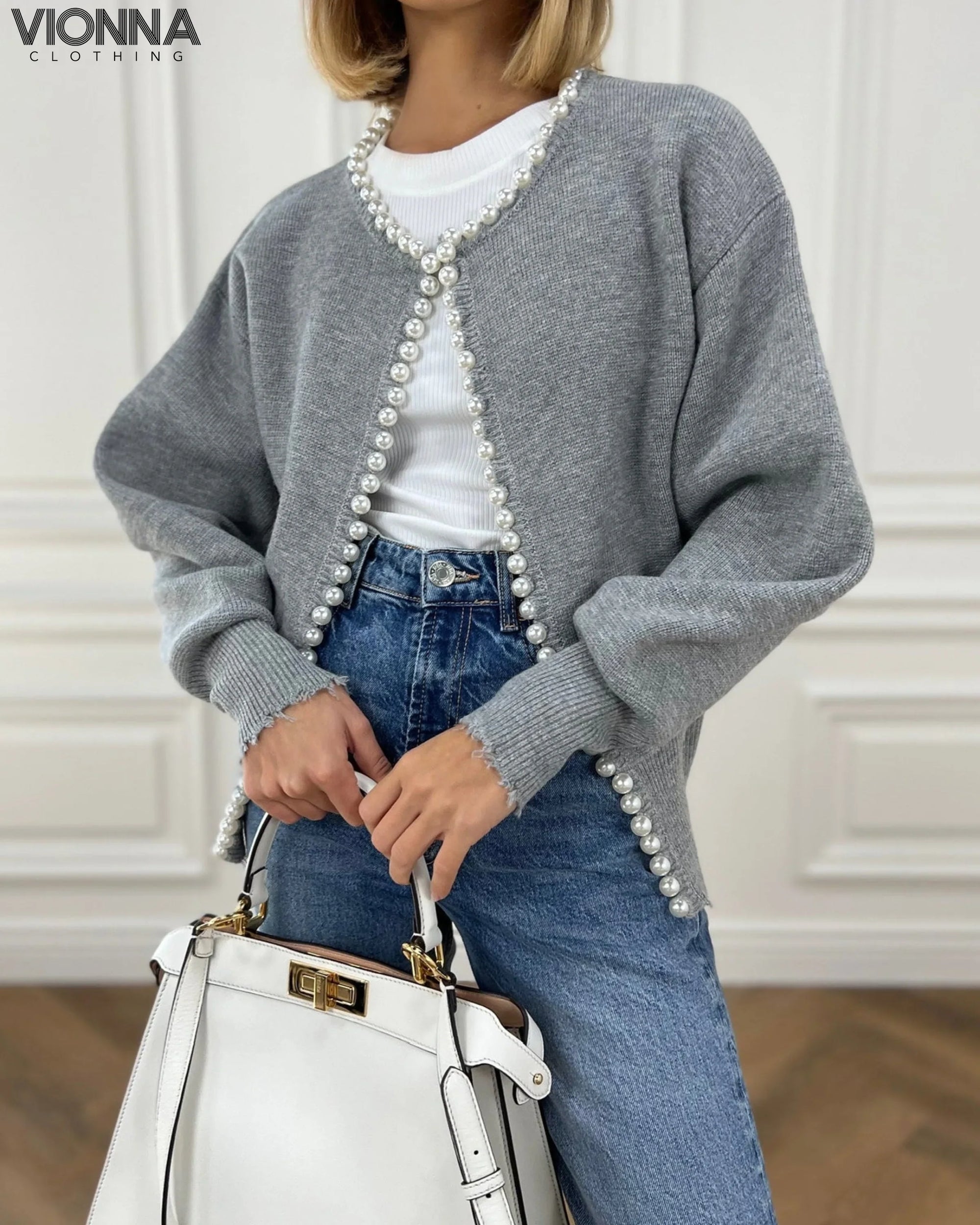 Cardigan avec détails en perles | Mélange de coton Elégant et féminin Gris / Xs Vêtements et accessoires >
