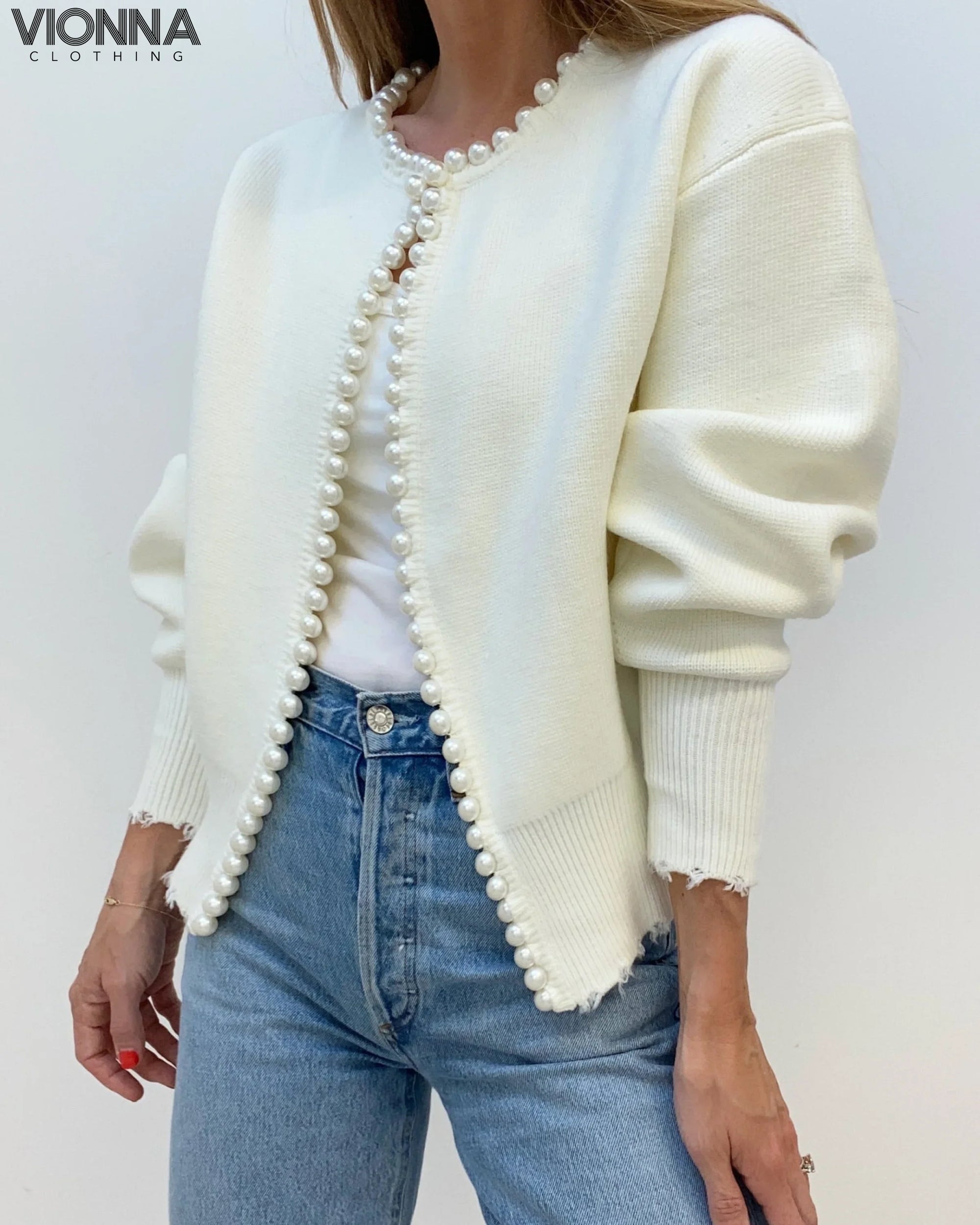 Cardigan avec perles | Mélange de coton Elégant et féminin Blanc / Xs Vêtements et accessoires >