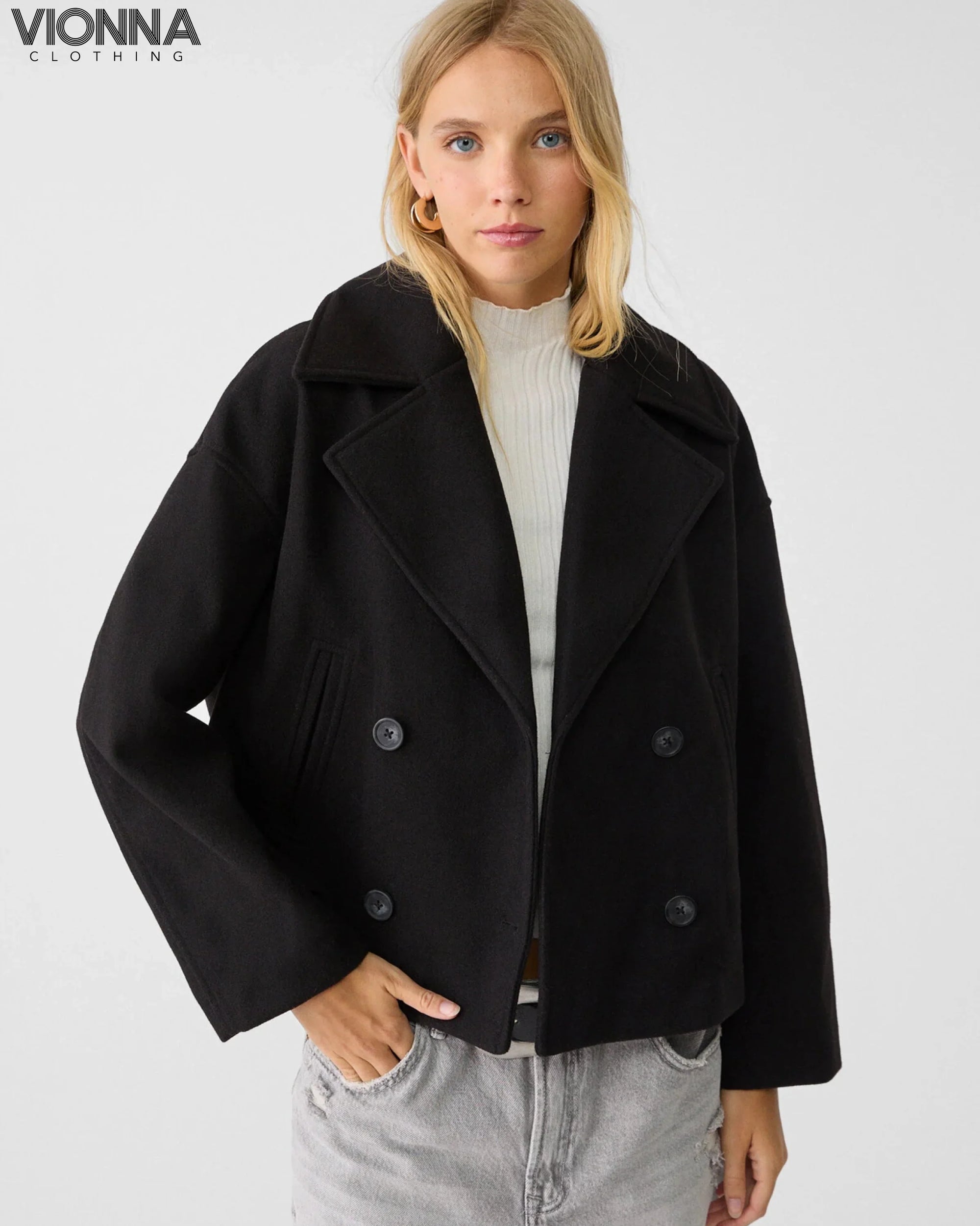 Veste courte à double boutonnage en laine mélangée Stylish & Timeless Noir / S Vêtements et accessoires >