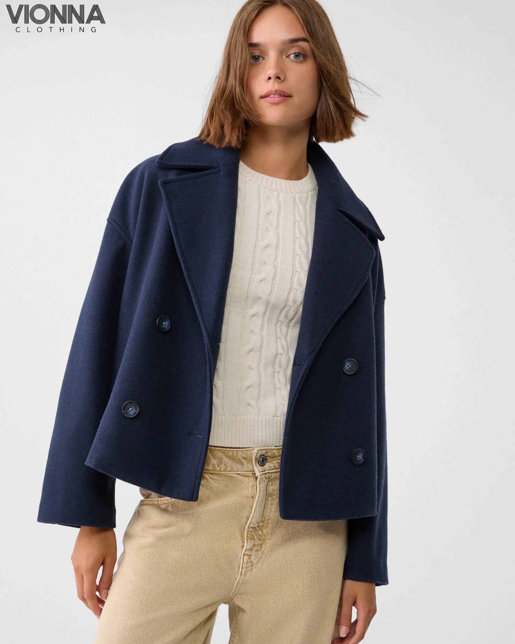 Veste courte en laine à double boutonnage | Mélange de laine Stylish & Timeless Navy / S Vêtements et accessoires